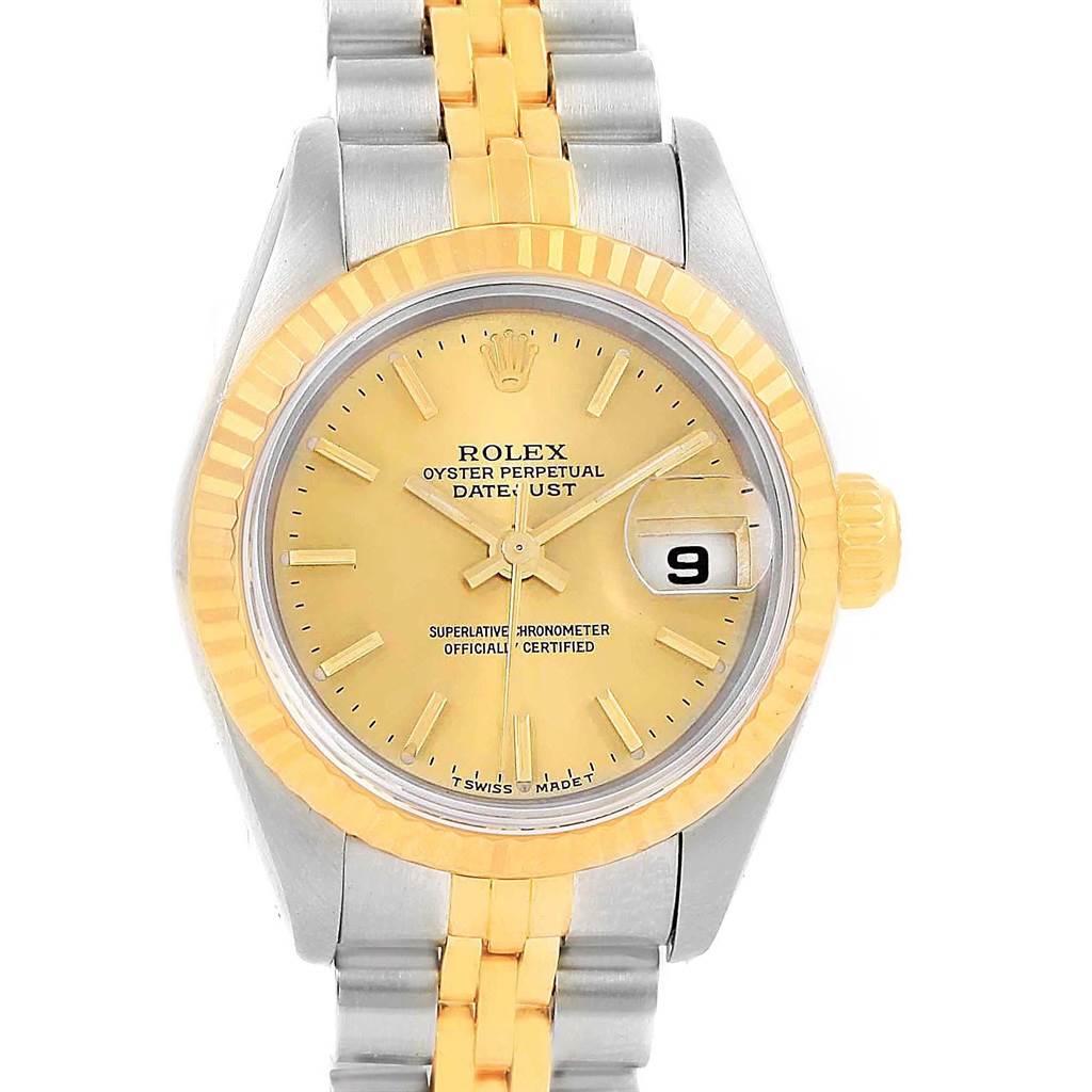 The image shows a front view of the Rolex Datejust 79173 Women's Steel and Gold (two tone) Champagne Dial 79173 Women's Steel and Gold (two tone) Champagne Dial watch, displaying the dial, bezel, and part of the band.