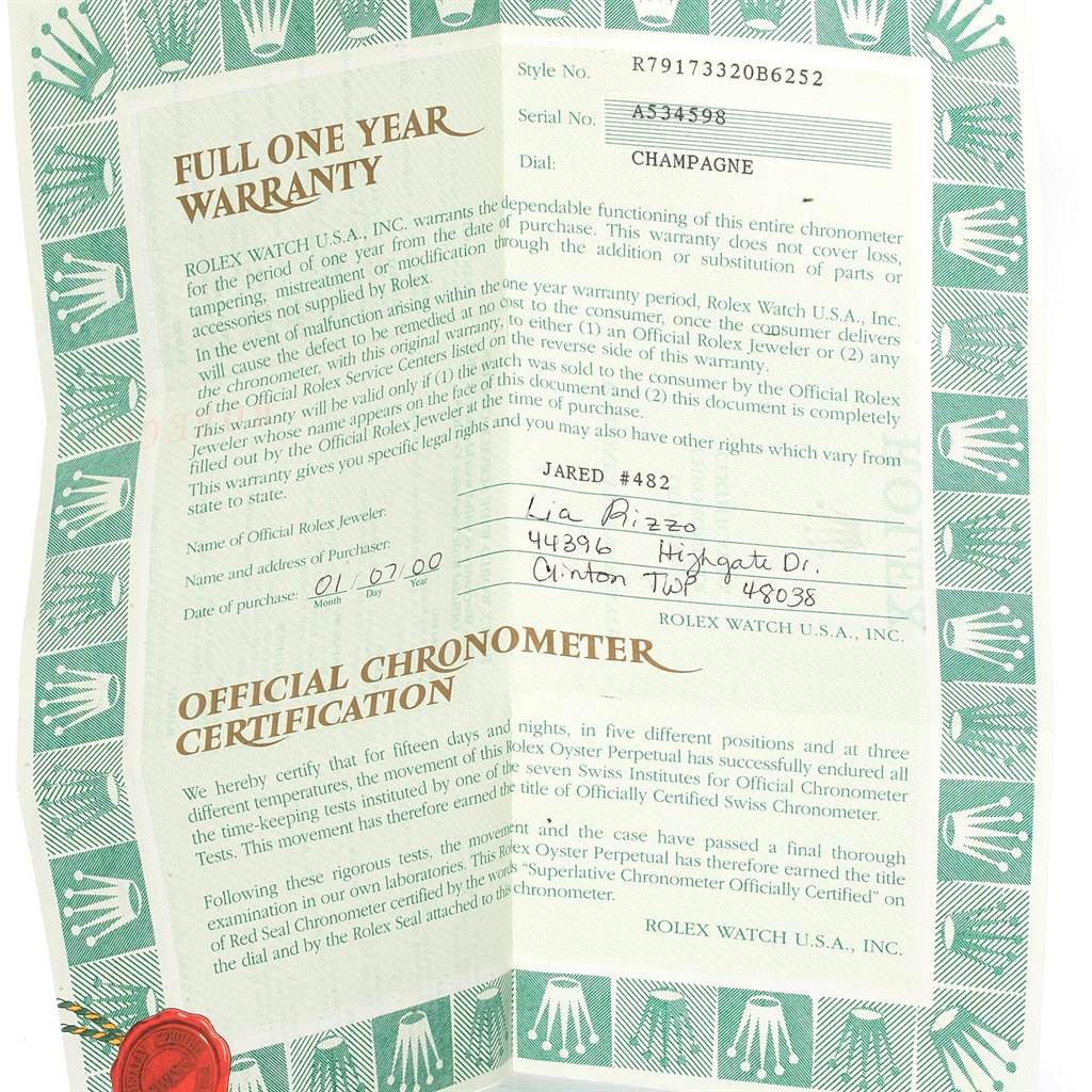 The image shows the warranty and chronometer certification paper for a Rolex Datejust 79173 Women's Steel and Gold (two tone) Champagne Dial 79173 Women's Steel and Gold (two tone) Champagne Dial watch.