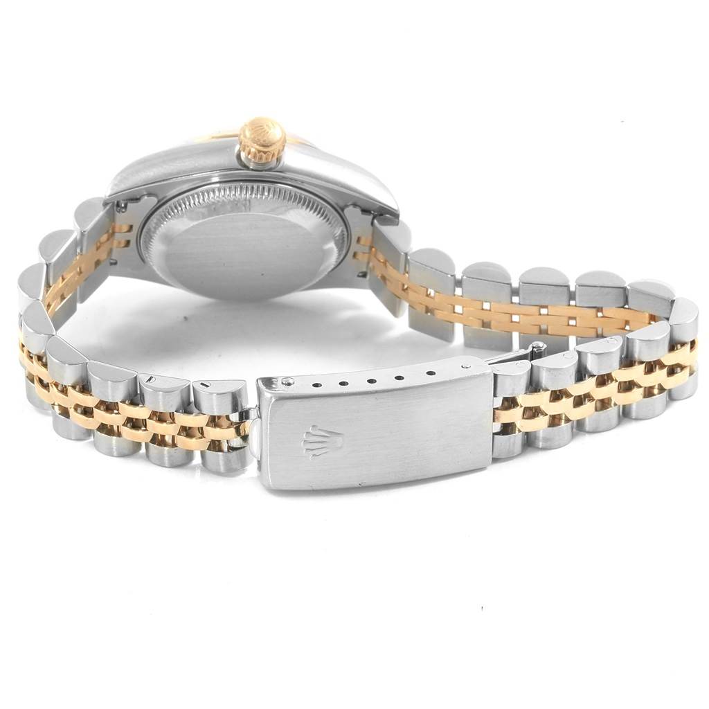 This image shows the back view of a Rolex Datejust 79173 Women's Steel and Gold (two tone) Champagne Dial 79173 Women's Steel and Gold (two tone) Champagne Dial watch, showcasing its case back and Jubilee bracelet.