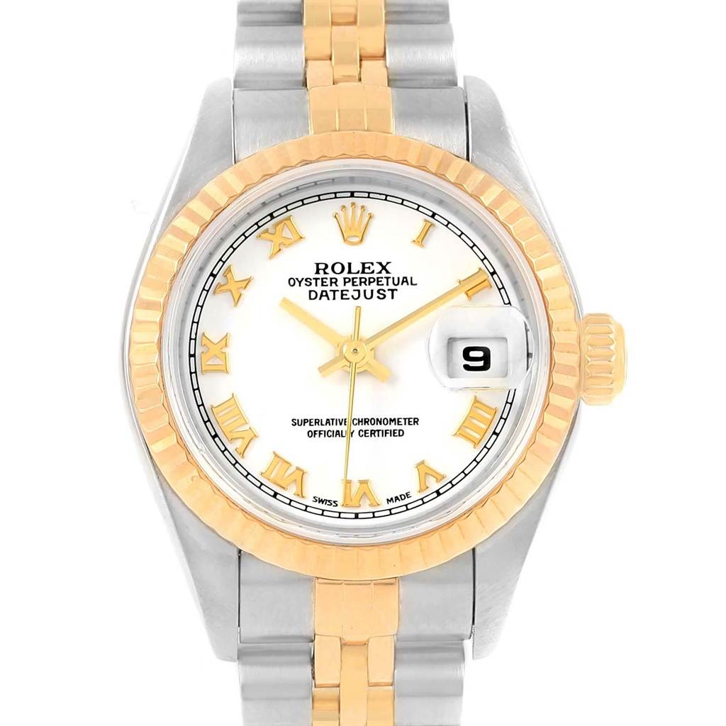 This is a frontal view of the Rolex Datejust 79173 Women's Steel and Gold (two tone) White Dial 79173 Women's Steel and Gold (two tone) White Dial watch showcasing its dial, bezel, bracelet, and date display.