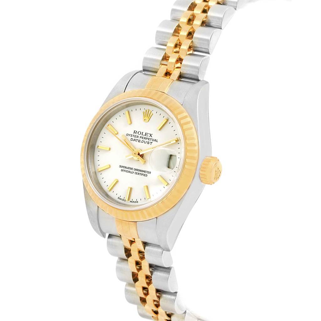 The image shows a Rolex Datejust 79173 Women's Steel and Gold (two tone) White Dial 79173 Women's Steel and Gold (two tone) White Dial watch from an angled top view, highlighting the face, bezel, crown, and bracelet.