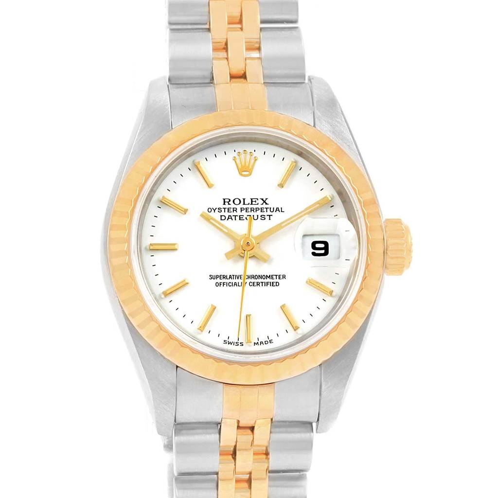 The image shows a front view of a Rolex Datejust 79173 Women's Steel and Gold (two tone) White Dial 79173 Women's Steel and Gold (two tone) White Dial watch featuring a two-tone bracelet and a white dial with a date window at 3 o'clock.