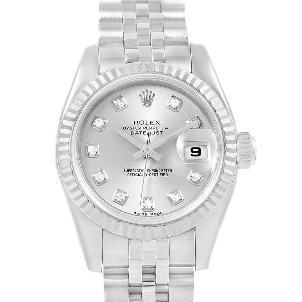 The image shows a front view of a Rolex Datejust 179174 Women
s Stainless Steel Silver Dial 179174 Women
s Stainless Steel Silver Dial watch, highlighting the dial, bracelet, and bezel.