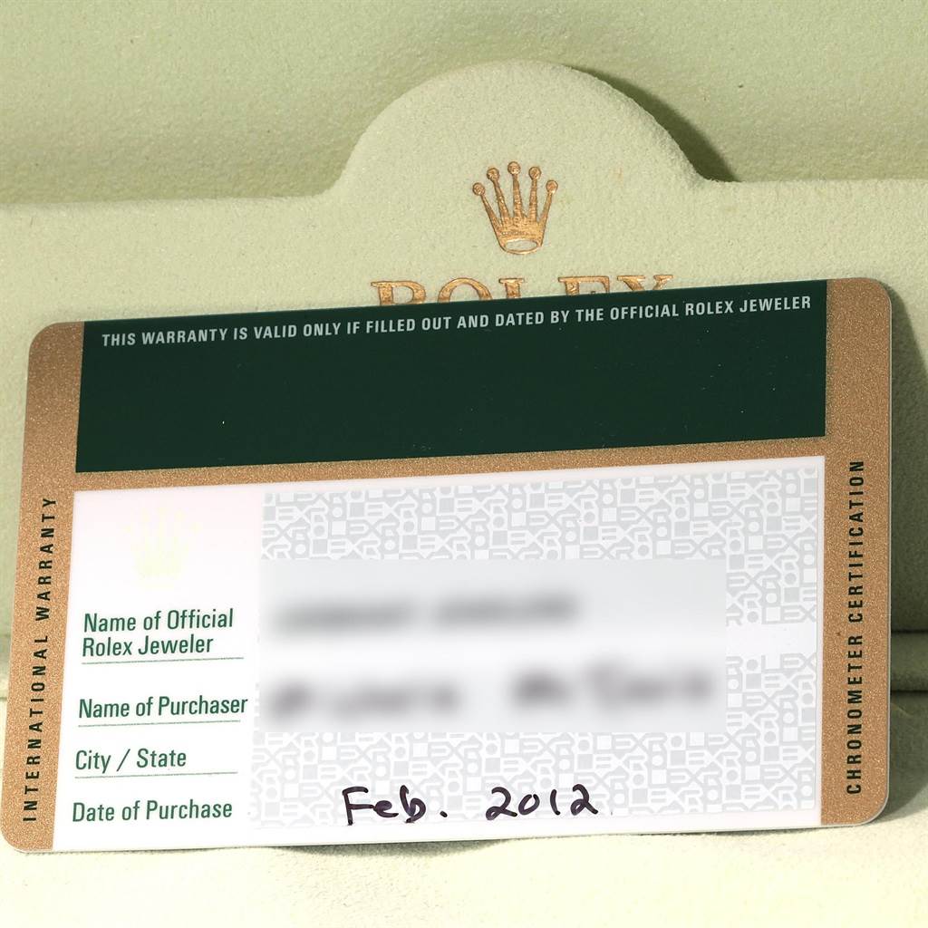 The image shows the warranty card for a Rolex Datejust 179174 Women
s Stainless Steel Silver Dial 179174 Women
s Stainless Steel Silver Dial watch, used for international warranty and certification purposes.