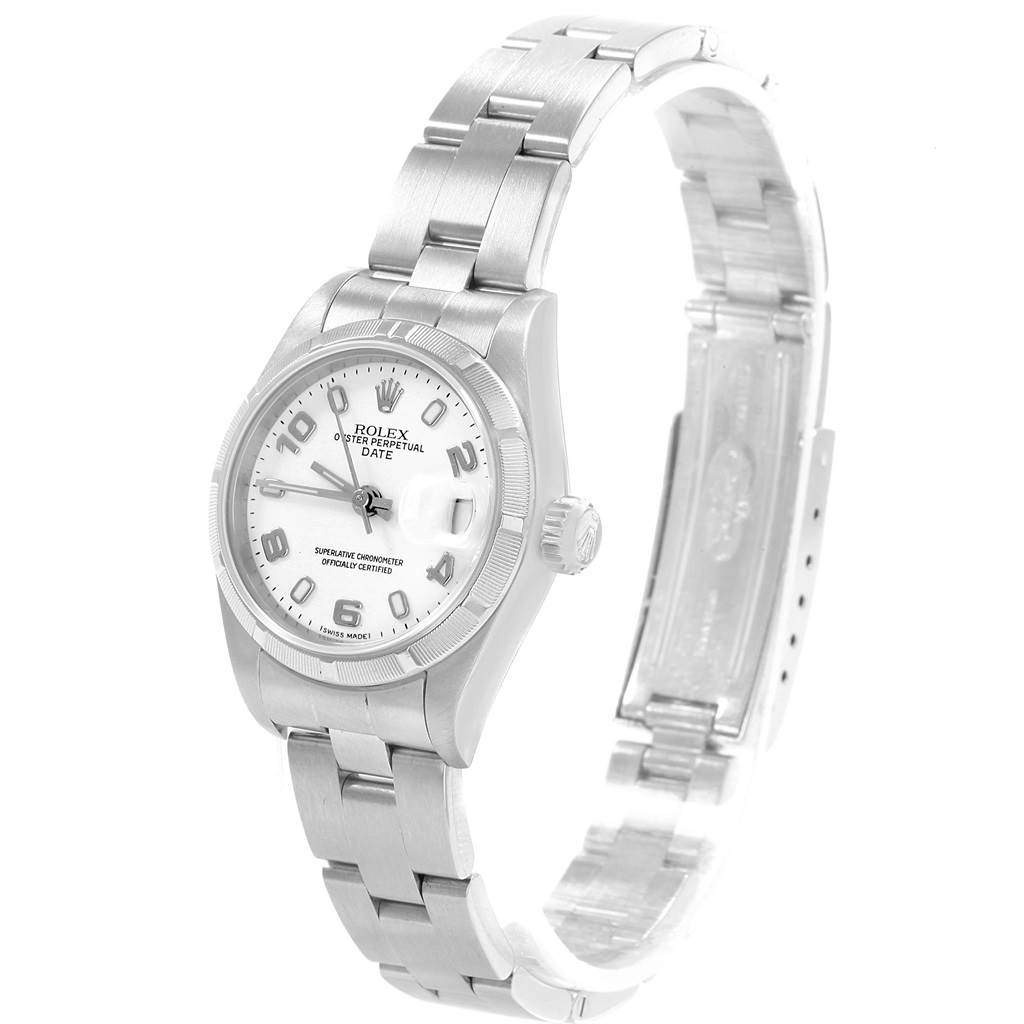This image shows a Rolex Datejust 79190 Women's Stainless Steel White Dial 79190 Women's Stainless Steel White Dial watch at a slight tilt, displaying its face, dial, and stainless steel bracelet.