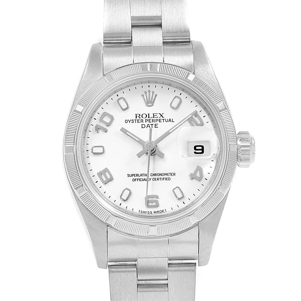 The Rolex Datejust 79190 Women's Stainless Steel White Dial 79190 Women's Stainless Steel White Dial watch is shown from a front angle, highlighting its dial, bezel, and bracelet.
