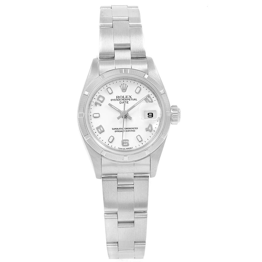 The image shows a front view of the Rolex Datejust 79190 Women's Stainless Steel White Dial 79190 Women's Stainless Steel White Dial watch, highlighting its face, bezel, and bracelet.
