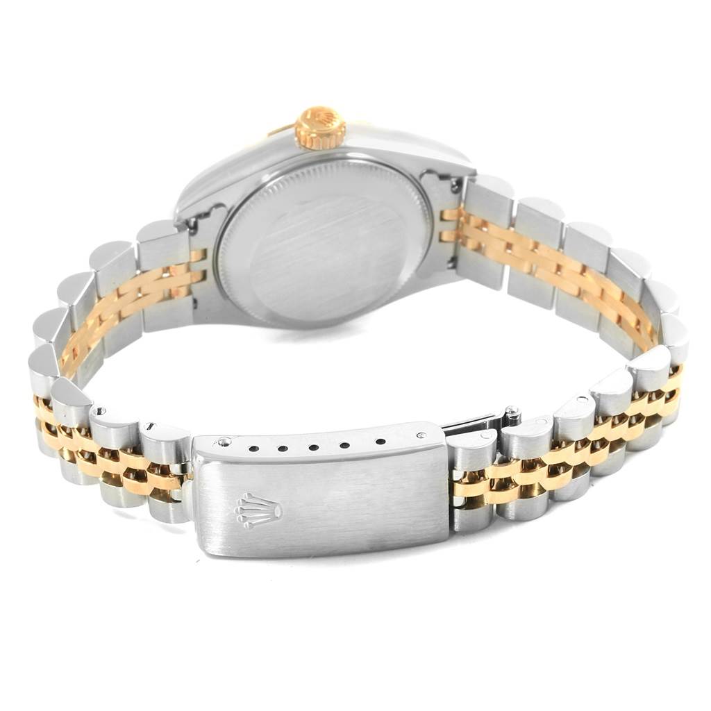 This image shows the back case and two-tone bracelet of the Rolex Datejust 69173 Women
s Stainless Steel Silver Dial 69173 Women
s Stainless Steel Silver Dial watch, with the clasp visible.