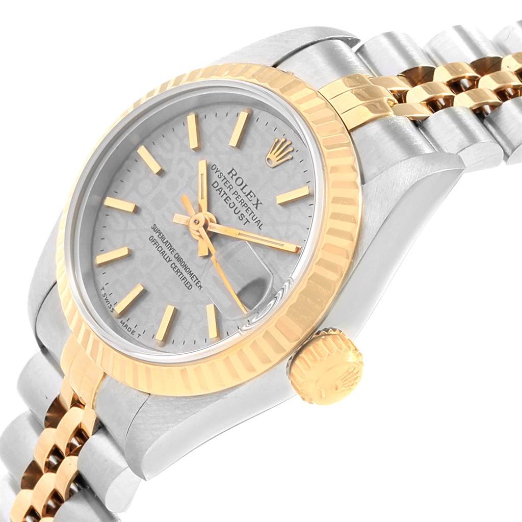 The image shows a close-up angled view of a Rolex Datejust 69173 Women
s Stainless Steel Silver Dial 69173 Women
s Stainless Steel Silver Dial model, highlighting the dial, bezel, crown, and part of the bracelet.