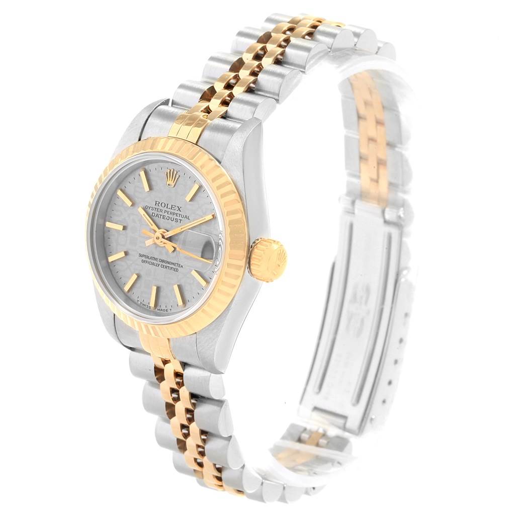 This image shows a side angle view of a Rolex Datejust 69173 Women
s Stainless Steel Silver Dial 69173 Women
s Stainless Steel Silver Dial watch, highlighting the dial, crown, and two-tone bracelet.