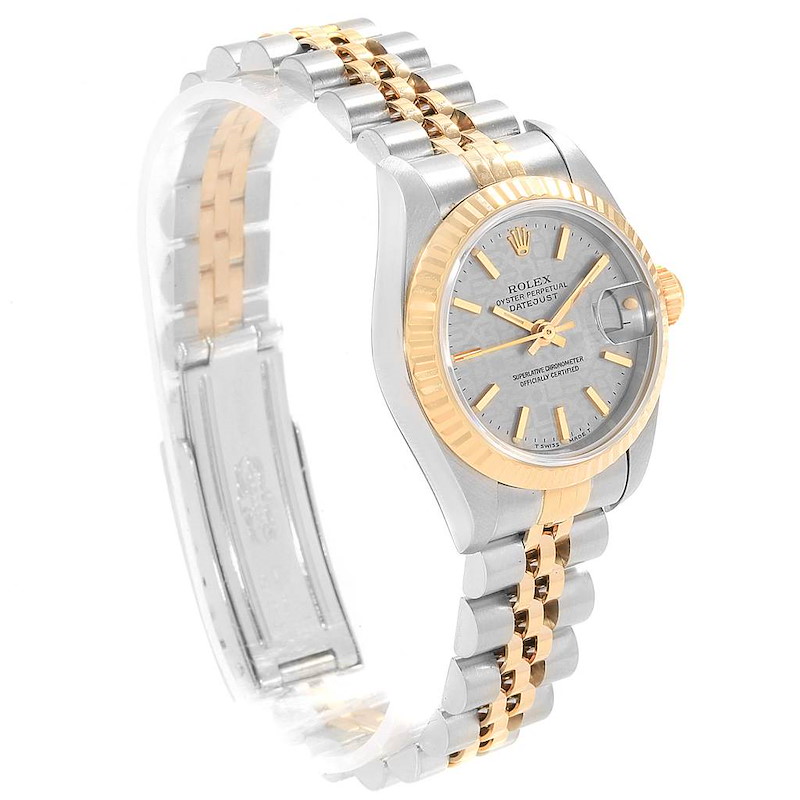 The Rolex Datejust watch is shown at a three-quarter angle, displaying the dial, case, bezel, and two-tone bracelet.