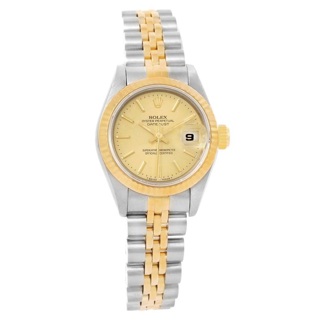 This image shows a Rolex Datejust 69173 Women's Stainless Steel Champagne Dial 69173 Women's Stainless Steel Champagne Dial watch from a top view, highlighting the face, bezel, and bracelet.