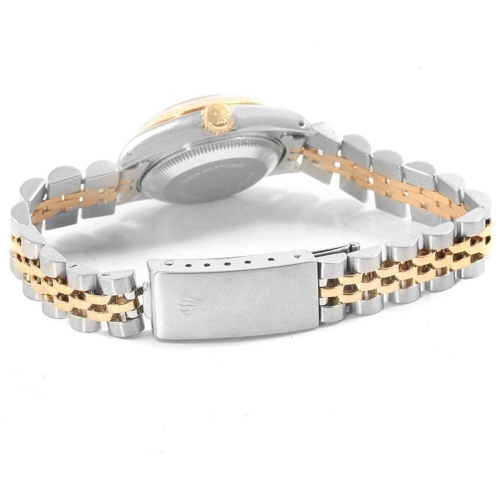 This image shows the back and bracelet of a Rolex Datejust 69173 Women's Stainless Steel Champagne Dial 69173 Women's Stainless Steel Champagne Dial watch, featuring a two-tone stainless steel and gold Jubilee bracelet.