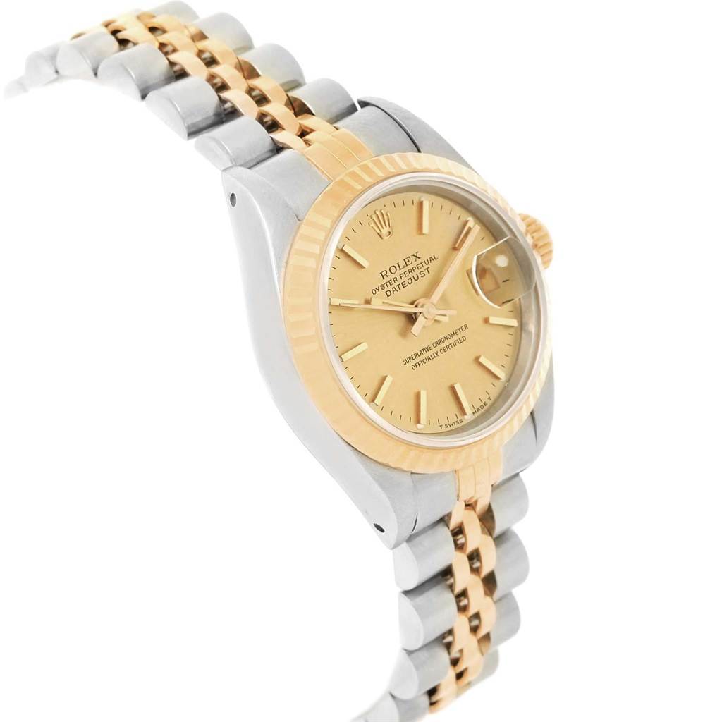 The image shows a side angle of a Rolex Datejust 69173 Women's Stainless Steel Champagne Dial 69173 Women's Stainless Steel Champagne Dial watch, displaying the dial, bezel, and bracelet.