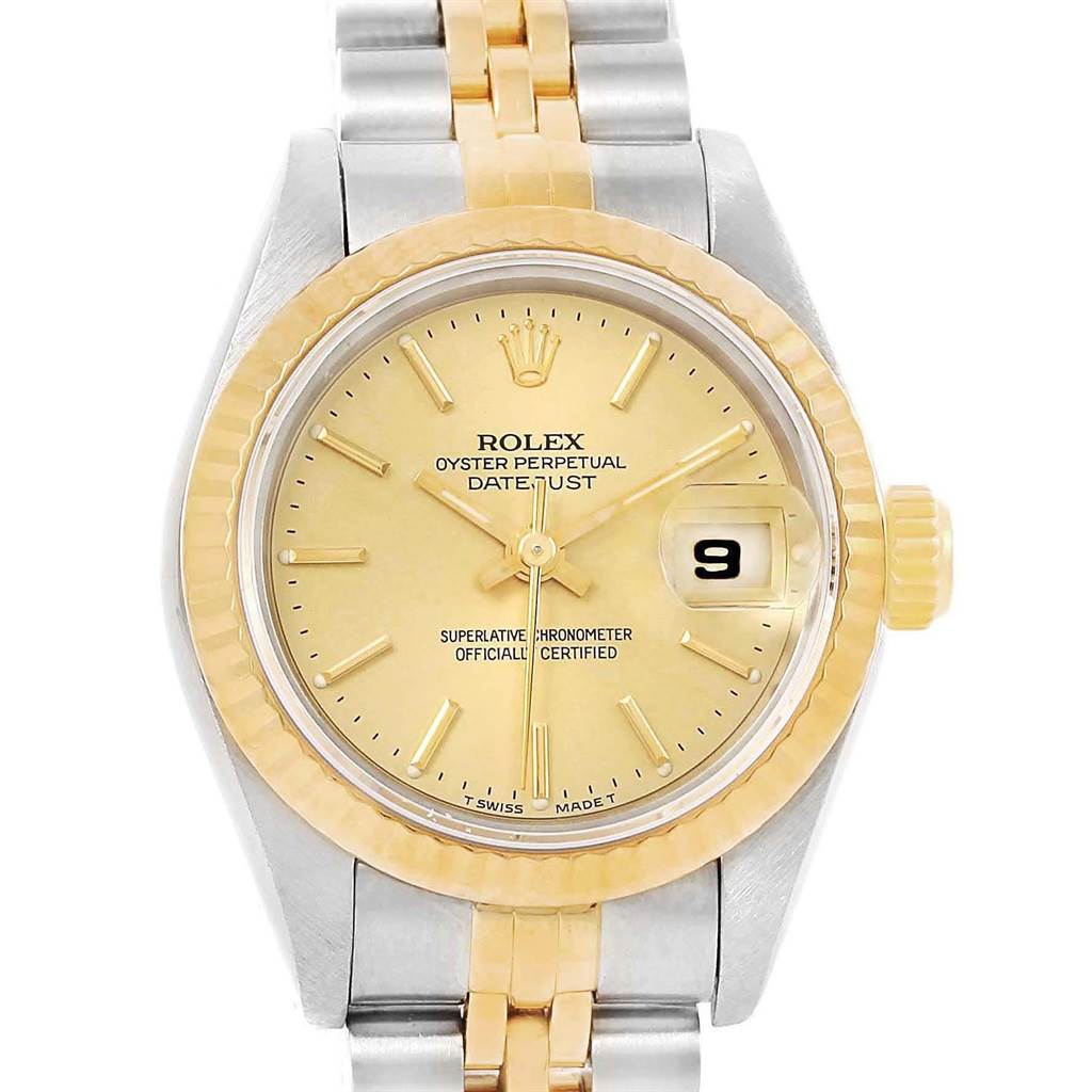 The image shows a front view of a Rolex Datejust 69173 Women's Stainless Steel Champagne Dial 69173 Women's Stainless Steel Champagne Dial watch, highlighting its gold and stainless steel bracelet, dial, and date window.