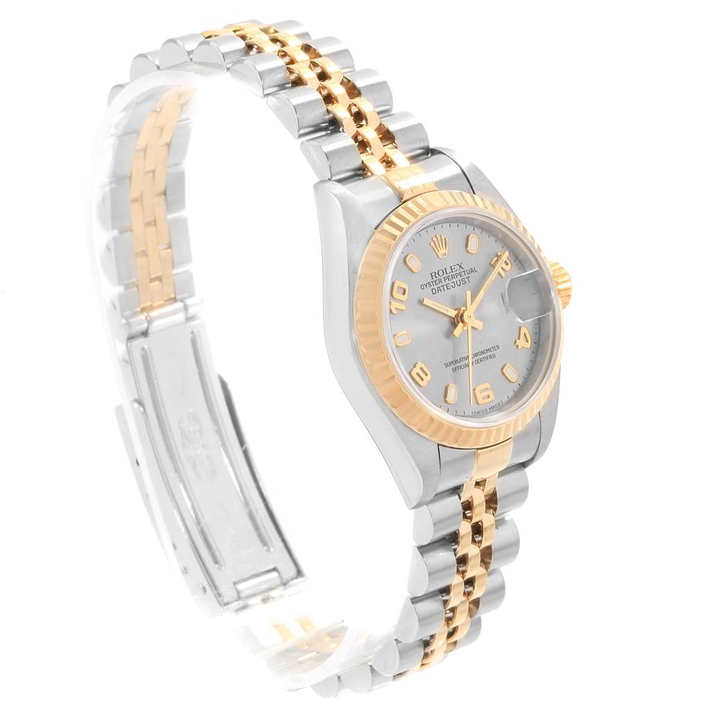 The Rolex Datejust 79173 Women's Steel and Gold (two tone) Grey Dial 79173 Women's Steel and Gold (two tone) Grey Dial watch is shown at an angle highlighting the dial, bezel, crown, and bracelet.