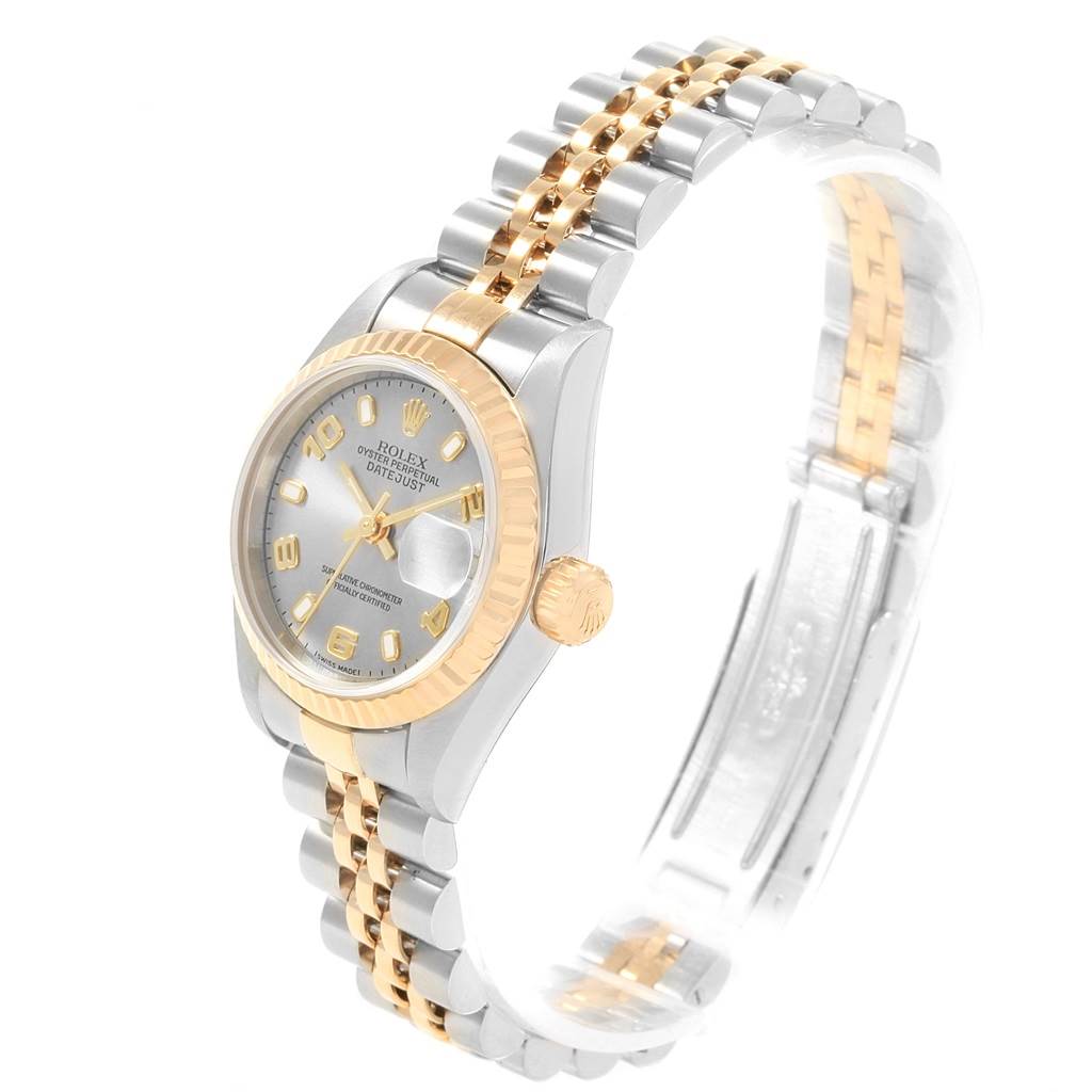 This image shows a Rolex Datejust 79173 Women's Steel and Gold (two tone) Grey Dial 79173 Women's Steel and Gold (two tone) Grey Dial watch at a slight angle, highlighting the face, crown, and two-tone bracelet.