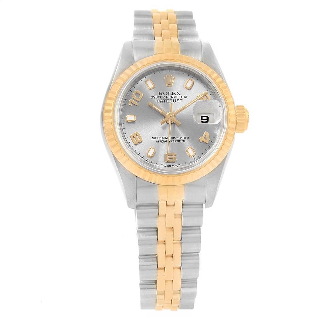 The image shows a front view of a Rolex Datejust 79173 Women's Steel and Gold (two tone) Grey Dial 79173 Women's Steel and Gold (two tone) Grey Dial watch with a two-tone bracelet and fluted bezel.