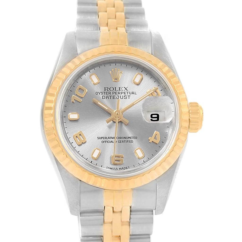 This is a close-up of a Rolex Datejust 79173 Women's Steel and Gold (two tone) Grey Dial 79173 Women's Steel and Gold (two tone) Grey Dial watch showing the dial, hands, date window, bezel, and part of the bracelet.