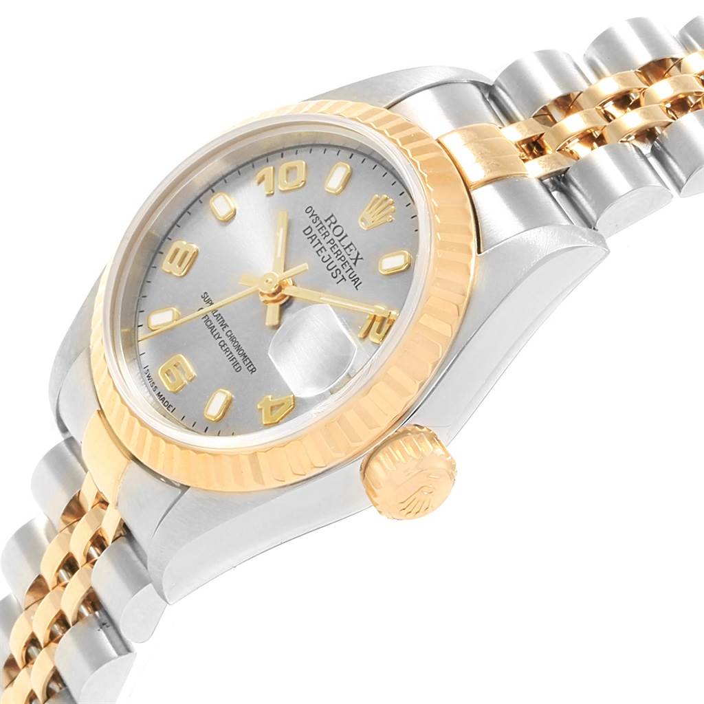 The Rolex Datejust 79173 Women's Steel and Gold (two tone) Grey Dial 79173 Women's Steel and Gold (two tone) Grey Dial watch is shown at a slight angle, highlighting the dial, bezel, crown, and part of the bracelet.
