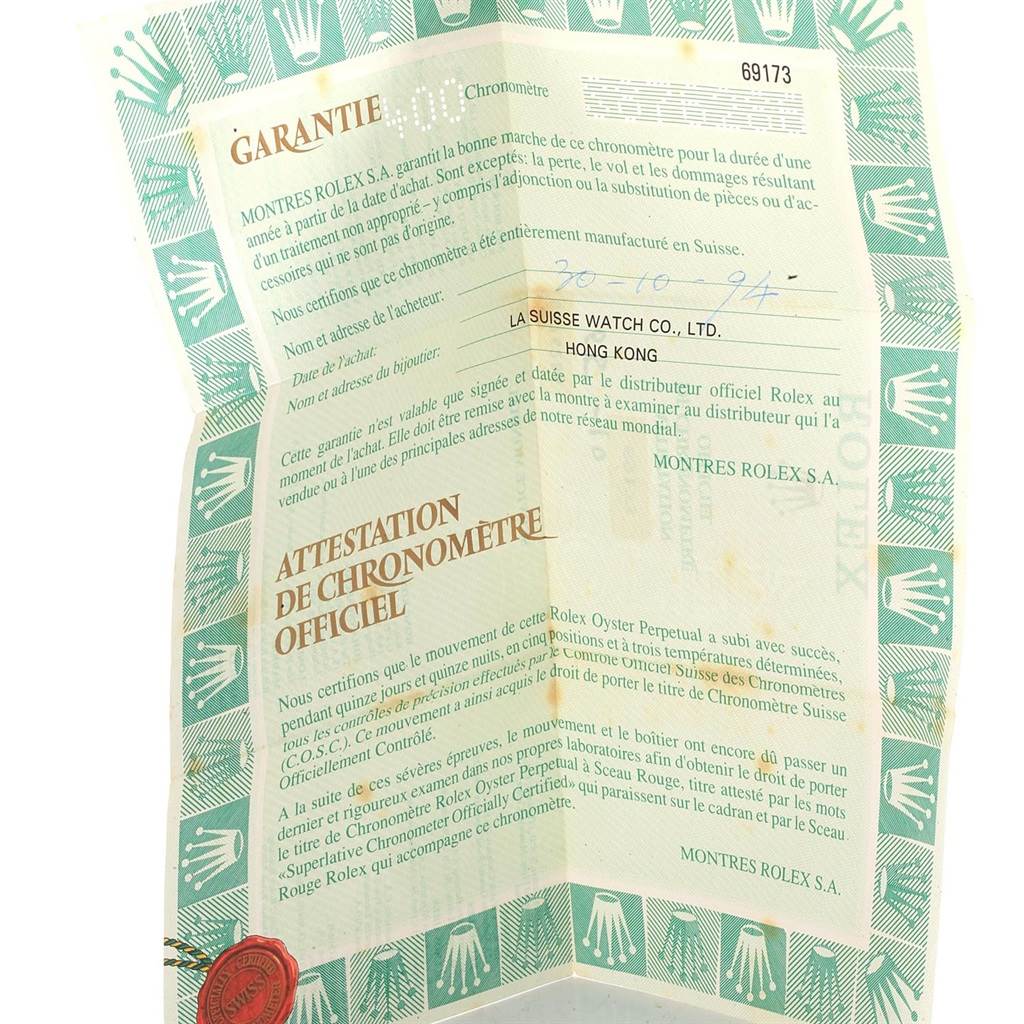 The image shows a guarantee and chronometer certificate for a Rolex Datejust 69173 Women's Stainless Steel Beige Dial 69173 Women's Stainless Steel Beige Dial watch, demonstrating official documentation.