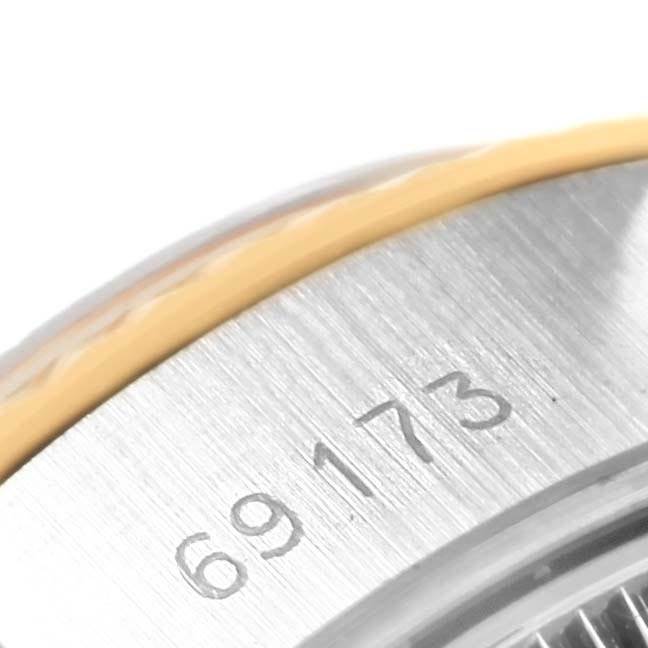This close-up image shows the reference number "69173" on the case of a Rolex Datejust 69173 Women's Stainless Steel Silver Dial 69173 Women's Stainless Steel Silver Dial watch.