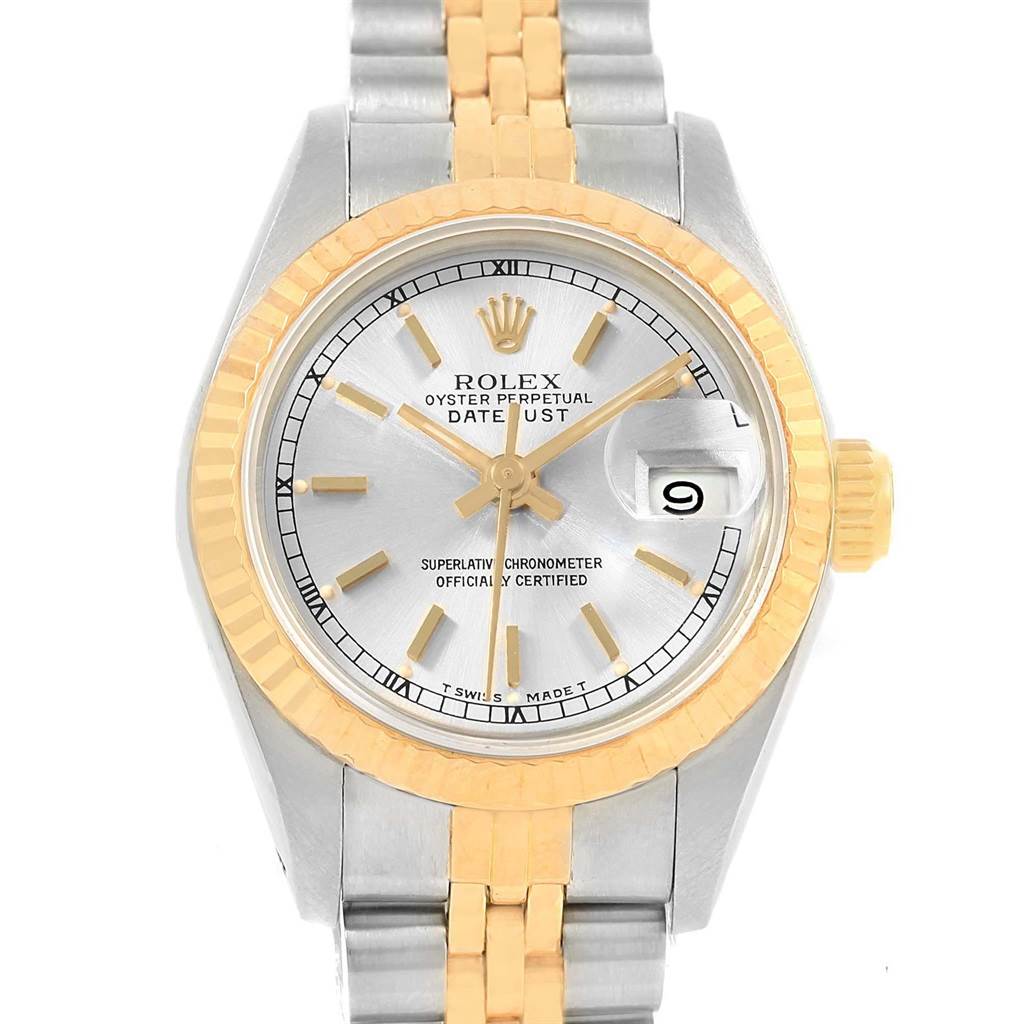 This image shows a Rolex Datejust 69173 Women's Stainless Steel Silver Dial 69173 Women's Stainless Steel Silver Dial watch face and partial bracelet from a frontal angle, highlighting the dial, hands, bezel, and date display.