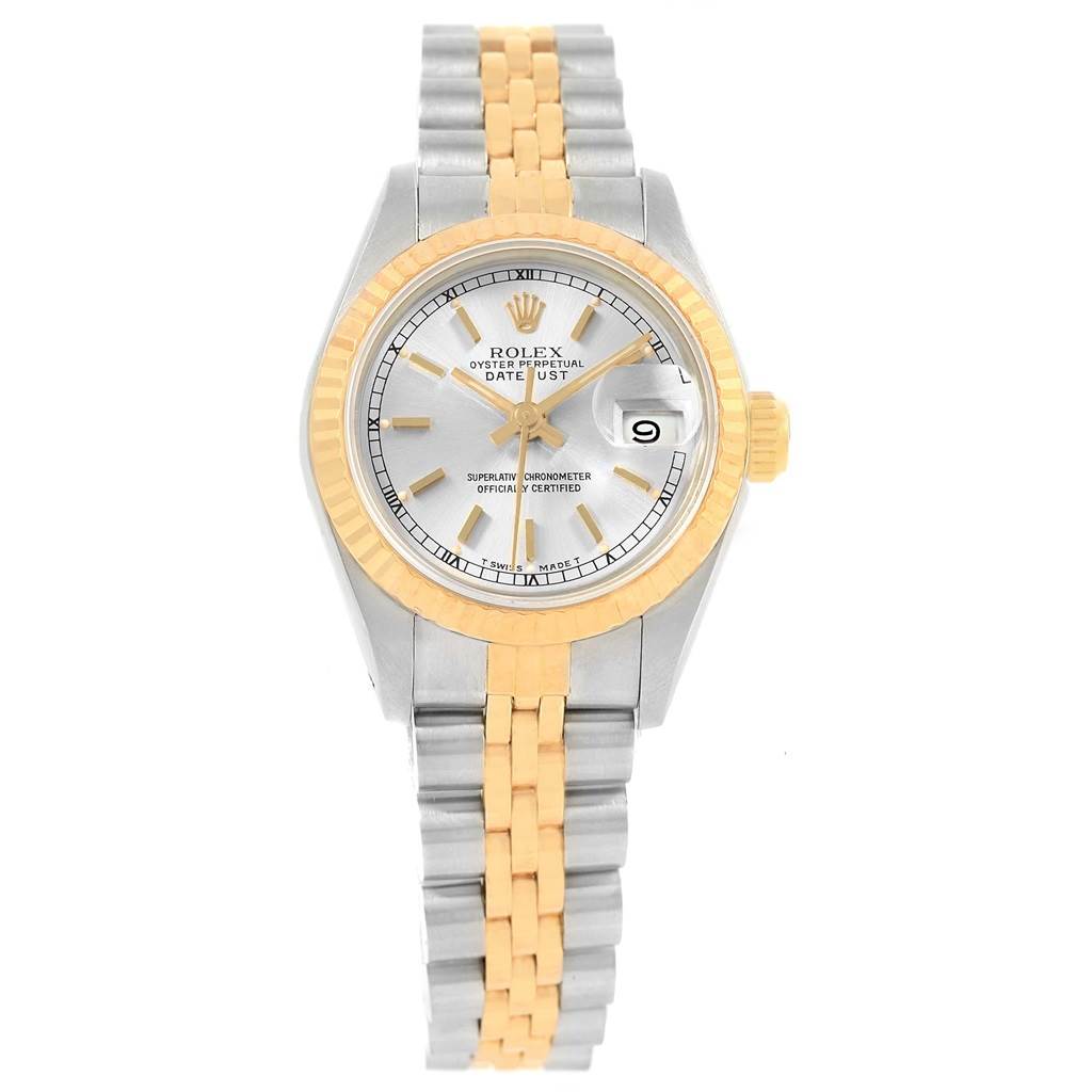 This image shows a Rolex Datejust 69173 Women's Stainless Steel Silver Dial 69173 Women's Stainless Steel Silver Dial watch from a front angle, highlighting its two-tone bracelet, dial, bezel, and date window.