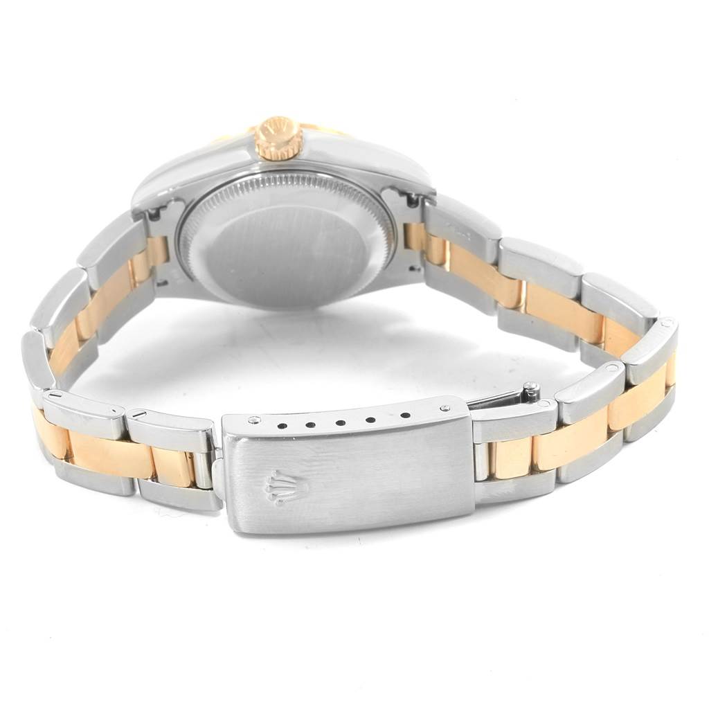 The image shows the back view of a Rolex Datejust 69163 Women's Stainless Steel Champagne Dial 69163 Women's Stainless Steel Champagne Dial watch, highlighting the stainless steel and gold bracelet and clasp.