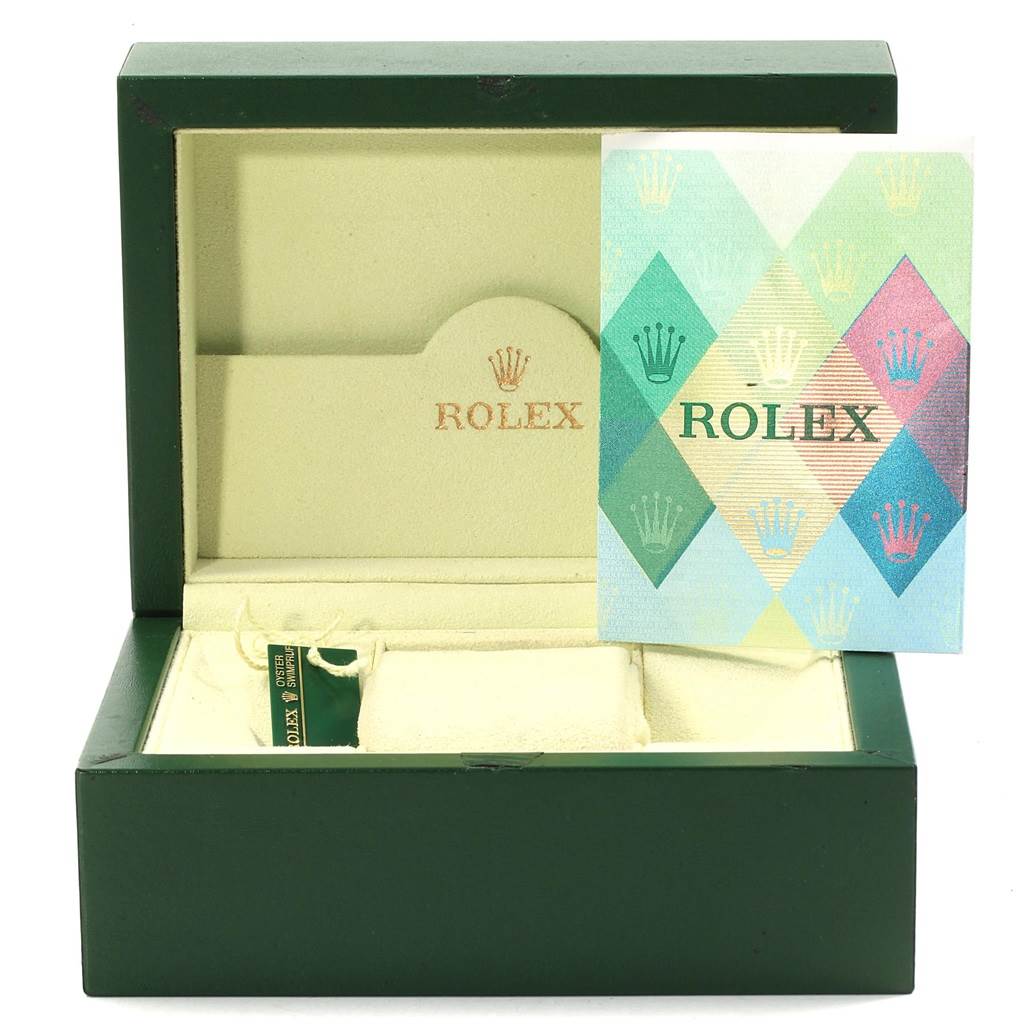The image shows an open green Rolex box with an empty watch slot and a warranty card for a Rolex Datejust 179171 Women's Steel and Gold (two tone) Pink Dial 179171 Women's Steel and Gold (two tone) Pink Dial model.