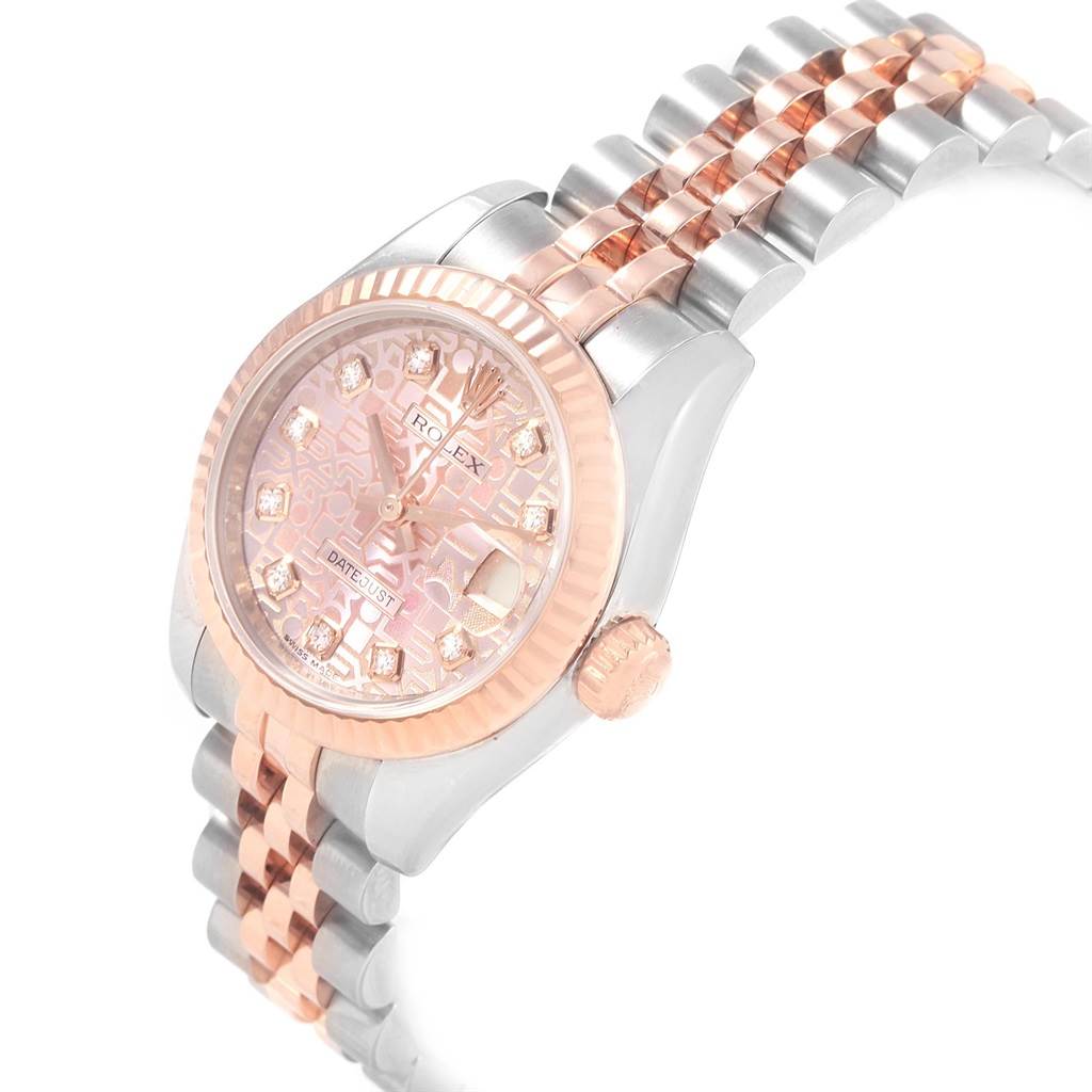 The Rolex Datejust 179171 Women's Steel and Gold (two tone) Pink Dial 179171 Women's Steel and Gold (two tone) Pink Dial watch is shown at an angle displaying the face, crown, and bracelet.