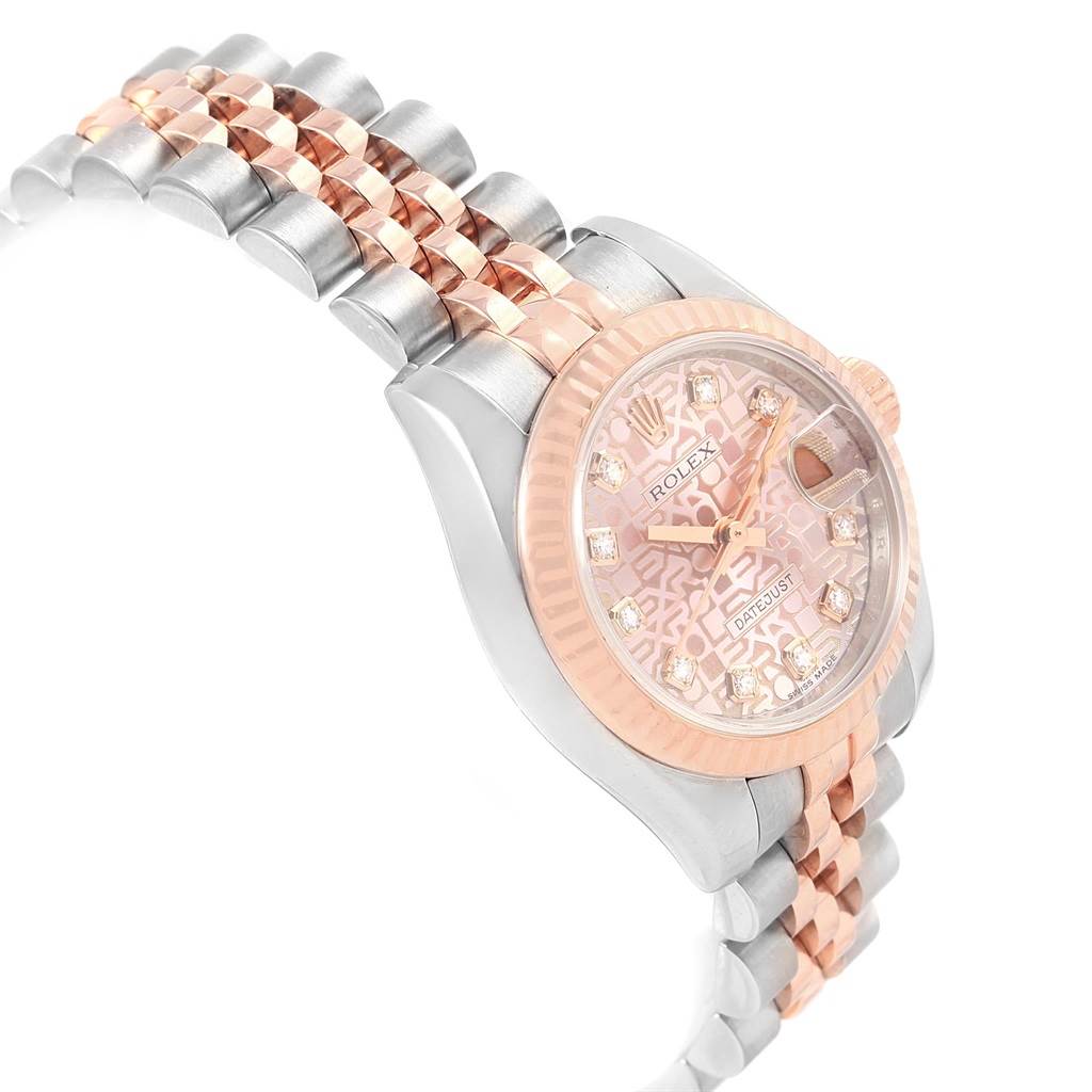 The image shows a side angle of a Rolex Datejust 179171 Women's Steel and Gold (two tone) Pink Dial 179171 Women's Steel and Gold (two tone) Pink Dial, displaying the watch face, bezel, and bracelet.