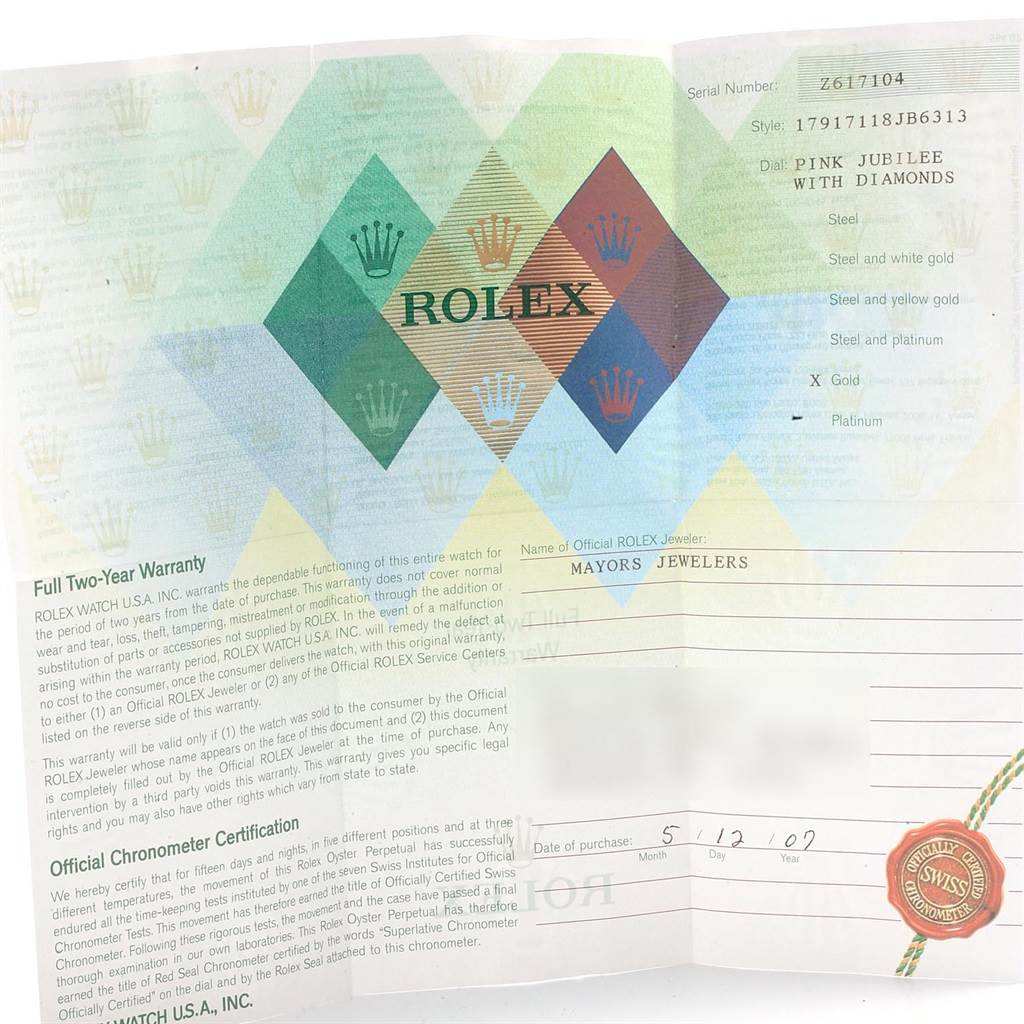 The image shows the warranty and certification papers for a Rolex Datejust 179171 Women's Steel and Gold (two tone) Pink Dial 179171 Women's Steel and Gold (two tone) Pink Dial watch, including the model number and specifications.