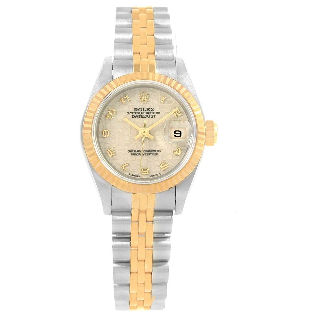 The Rolex Datejust 69173 Women's Stainless Steel Beige Dial 69173 Women's Stainless Steel Beige Dial watch is shown from a front angle, featuring its face, bezel, and bracelet.