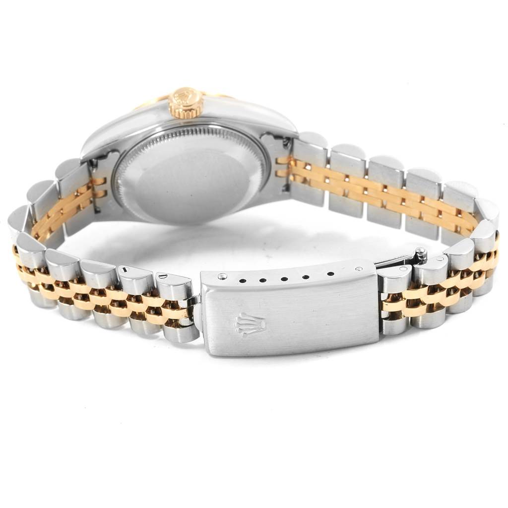 The image shows the back and clasp of a Rolex Datejust 69173 Women's Stainless Steel Beige Dial 69173 Women's Stainless Steel Beige Dial watch, highlighting its two-tone metal bracelet.