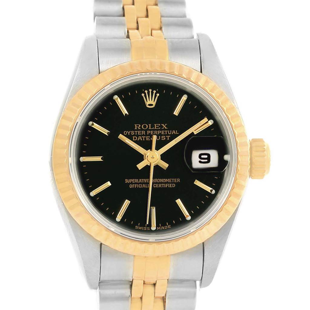 The image shows a front view of a Rolex Datejust 79173 Women's Stainless Steel Black Dial 79173 Women's Stainless Steel Black Dial watch, highlighting the dial, hands, bezel, and part of the bracelet.