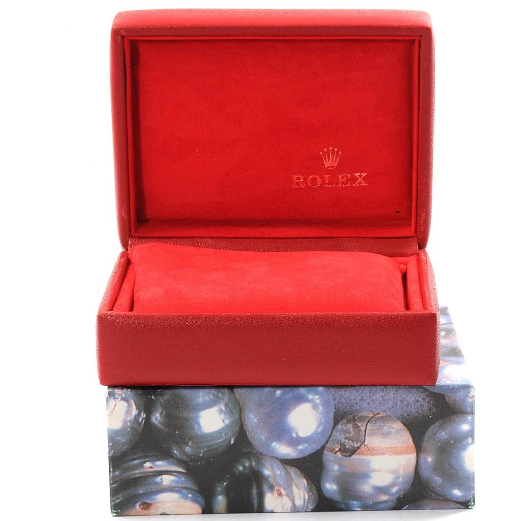 The image shows a red watch box for a Rolex Datejust 79173 Women's Stainless Steel Black Dial 79173 Women's Stainless Steel Black Dial, opened to display the interior.