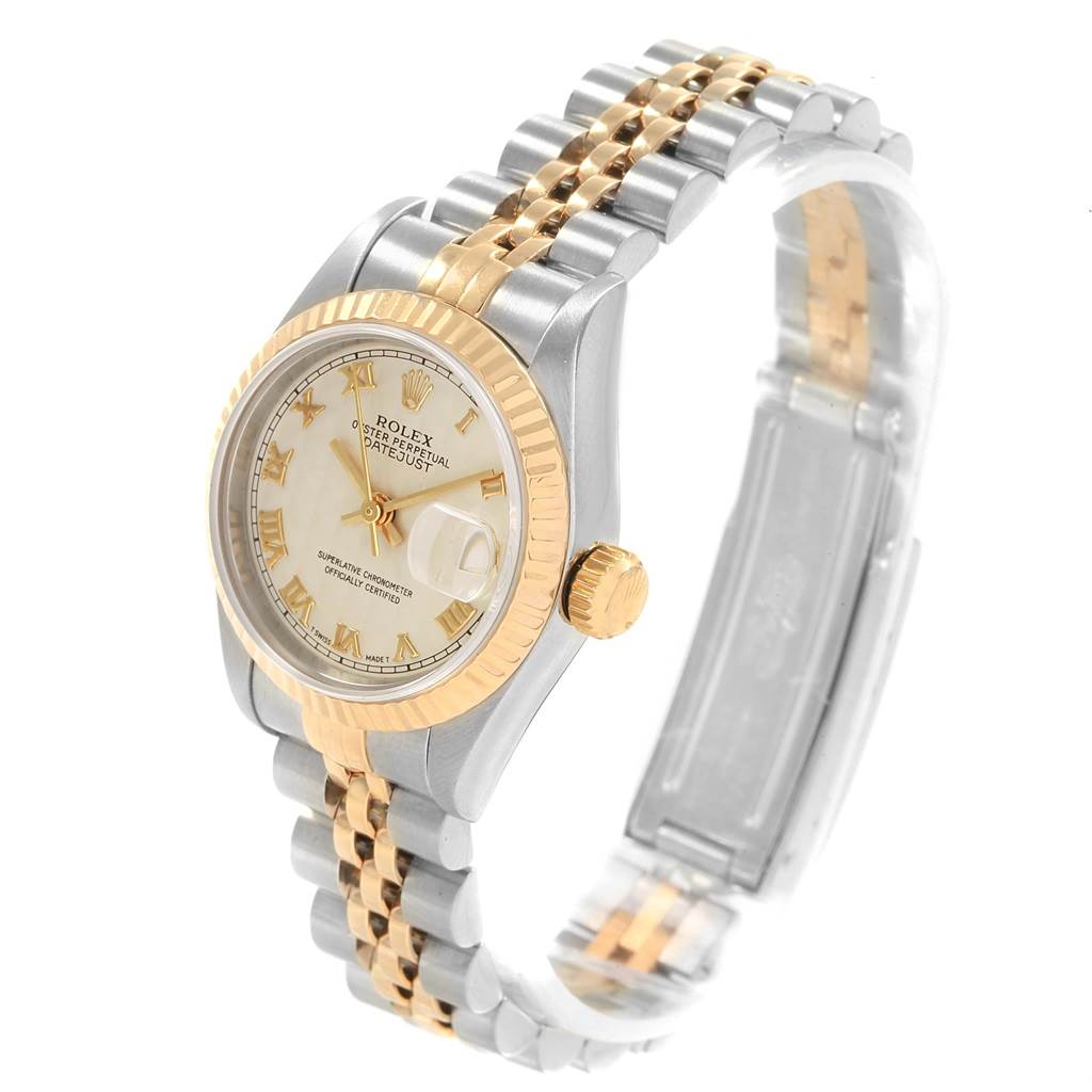 This Rolex Datejust 69173 Women's Stainless Steel Beige Dial 69173 Women's Stainless Steel Beige Dial watch is shown at a three-quarter angle, displaying the face, bezel, crown, and part of the bracelet.
