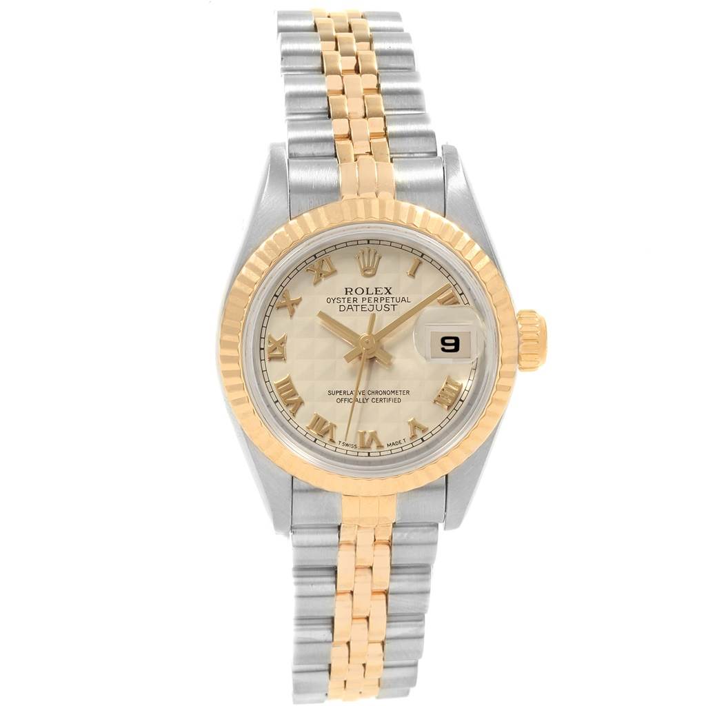The Rolex Datejust 69173 Women's Stainless Steel Beige Dial 69173 Women's Stainless Steel Beige Dial watch is shown from a top-down angle, displaying the face, bezel, and two-tone bracelet.