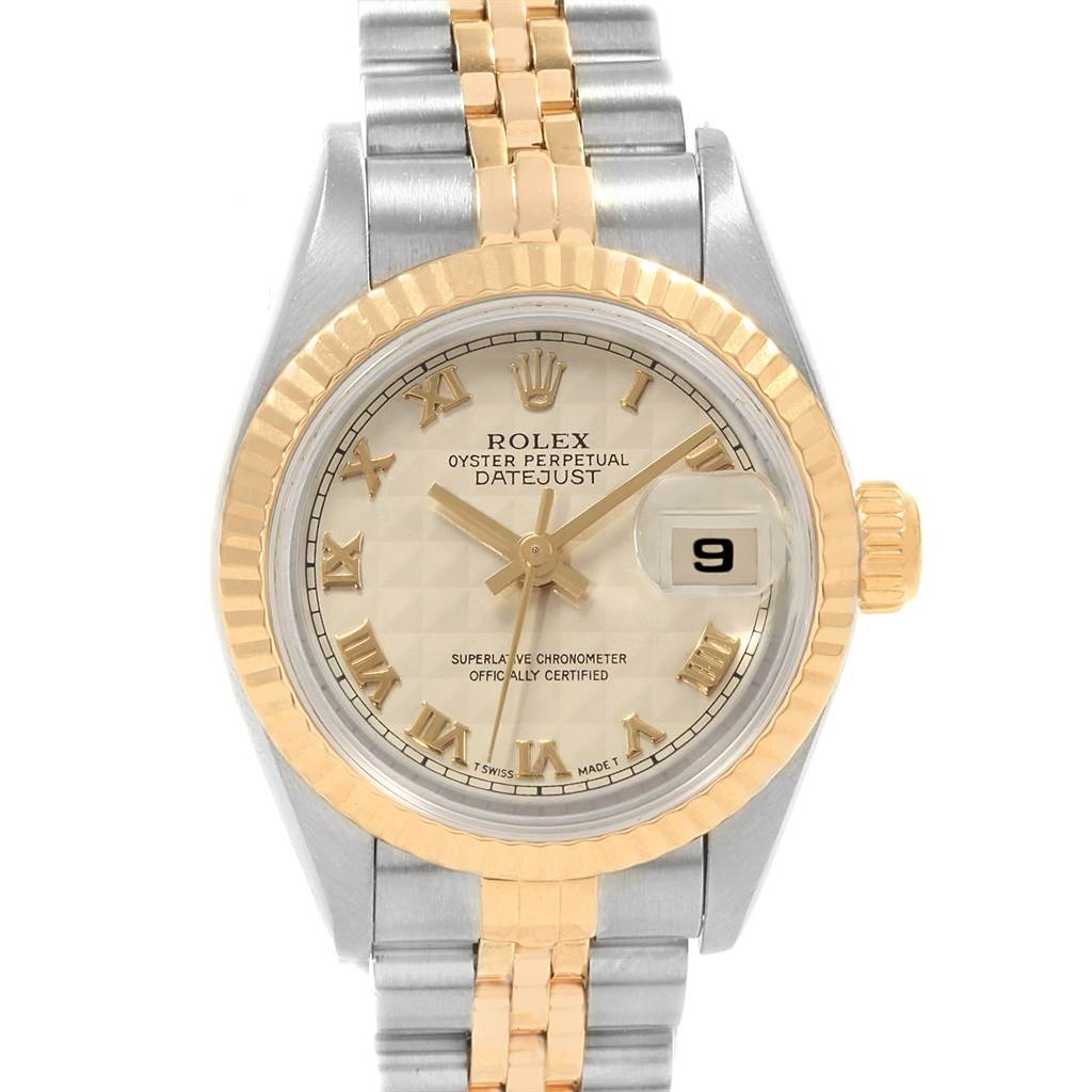 This image shows a front view of the face and bracelet of a Rolex Datejust 69173 Women's Stainless Steel Beige Dial 69173 Women's Stainless Steel Beige Dial watch, highlighting its gold and stainless steel design.