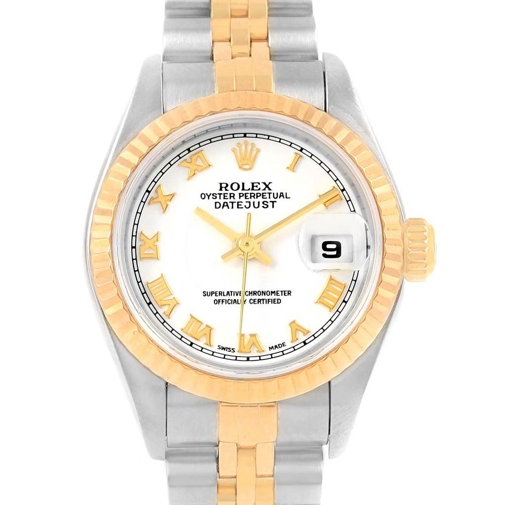 This image shows the face and bracelet of the Rolex Datejust 79173 Women's Steel and Gold (two tone) White Dial 79173 Women's Steel and Gold (two tone) White Dial, viewed from the front.