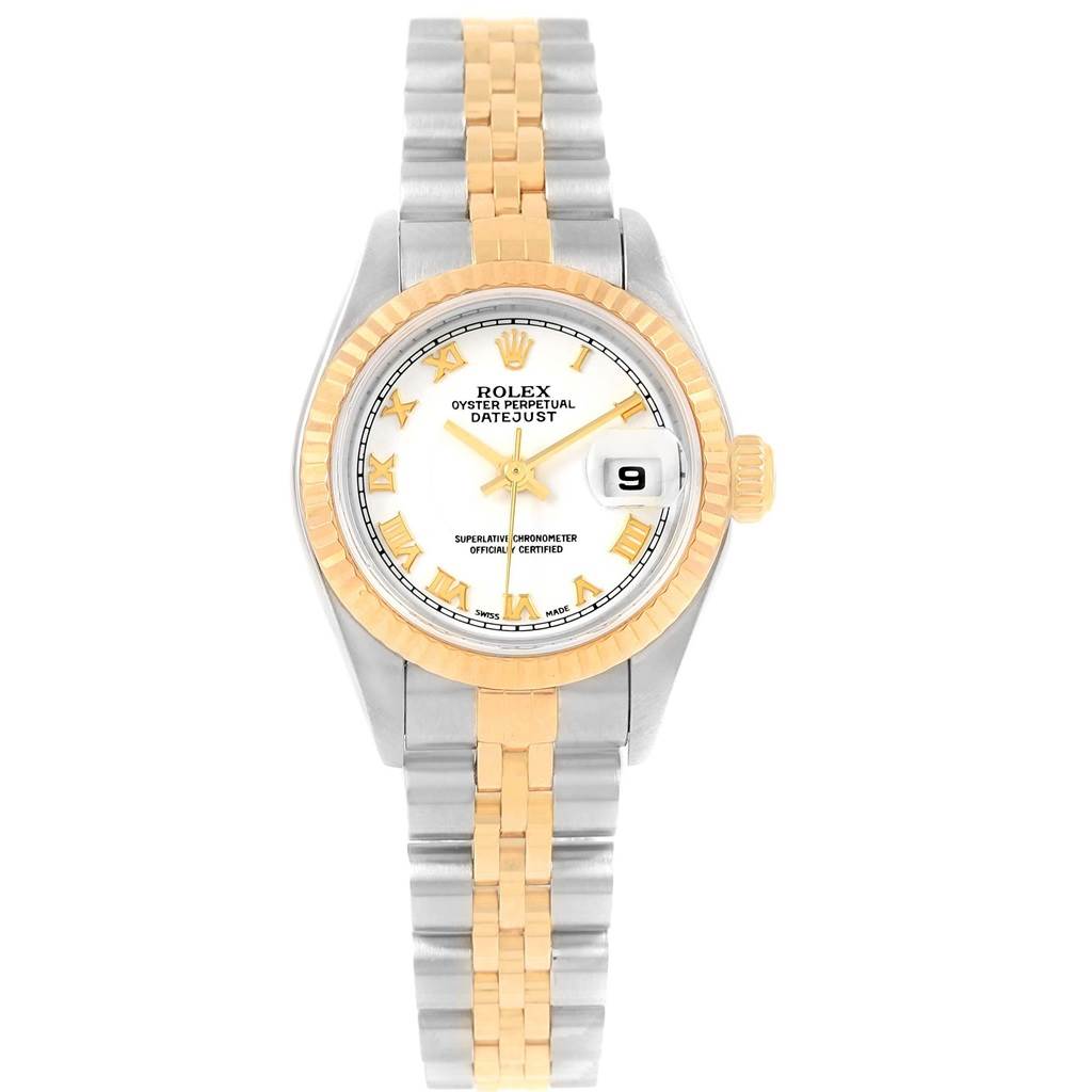 The image shows a front view of the Rolex Datejust 79173 Women's Steel and Gold (two tone) White Dial 79173 Women's Steel and Gold (two tone) White Dial watch, highlighting the dial, bezel, and bracelet.