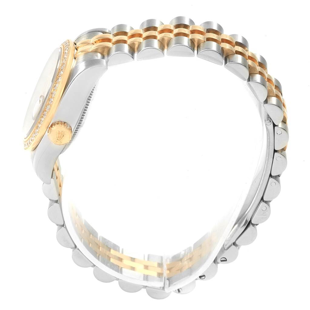 The image shows a side view of the Rolex Datejust 179383 Women's Steel and Gold (two tone) Champagne Dial 179383 Women's Steel and Gold (two tone) Champagne Dial watch, highlighting the bezel, crown, and two-tone bracelet.