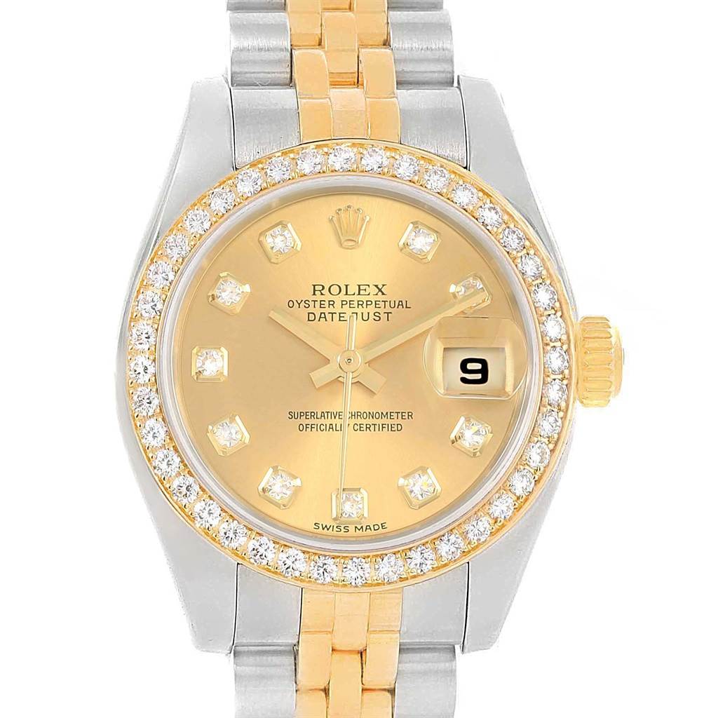 This image shows a front view of a Rolex Datejust 179383 Women's Steel and Gold (two tone) Champagne Dial 179383 Women's Steel and Gold (two tone) Champagne Dial watch, highlighting the dial, bezel, and part of the bracelet.