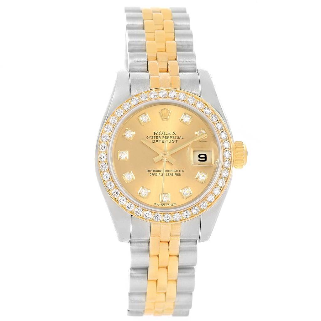 The image shows a Rolex Datejust 179383 Women's Steel and Gold (two tone) Champagne Dial 179383 Women's Steel and Gold (two tone) Champagne Dial watch from a frontal angle, highlighting its two-tone bracelet, diamond bezel, and date display.