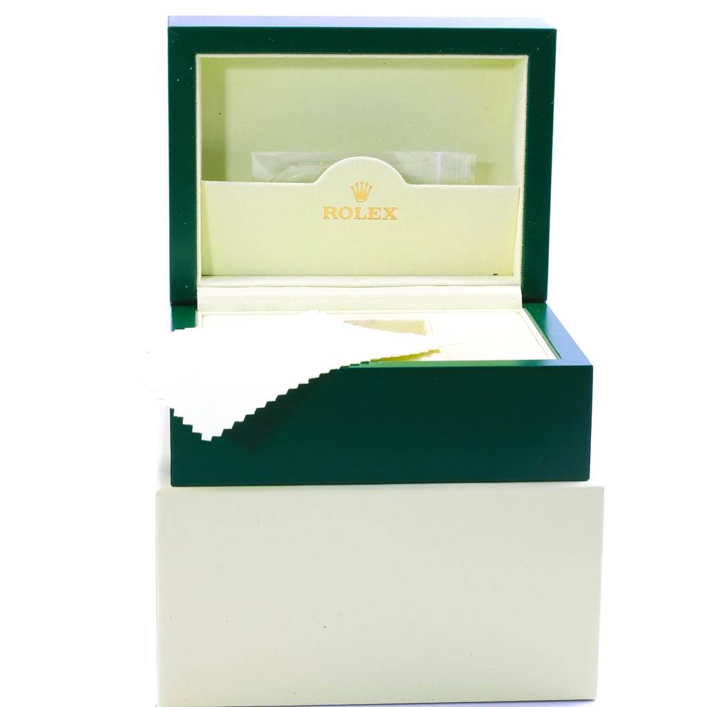 The image shows a green and beige Rolex Datejust 179383 Women's Steel and Gold (two tone) Champagne Dial 179383 Women's Steel and Gold (two tone) Champagne Dial watch box with a polishing cloth and interior compartment.