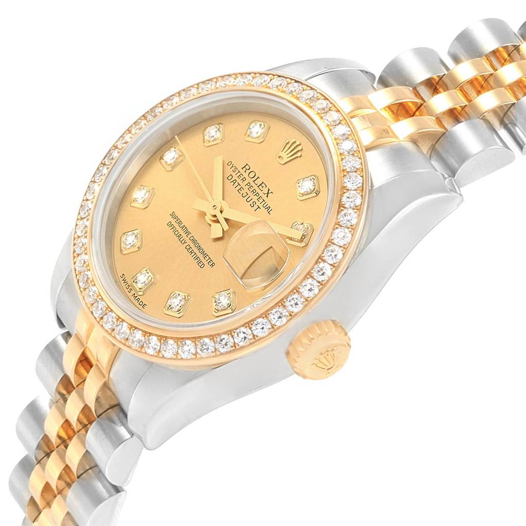 The image shows a close-up of a Rolex Datejust 179383 Women's Steel and Gold (two tone) Champagne Dial 179383 Women's Steel and Gold (two tone) Champagne Dial watch, highlighting its dial, bezel, crown, and part of its bracelet.