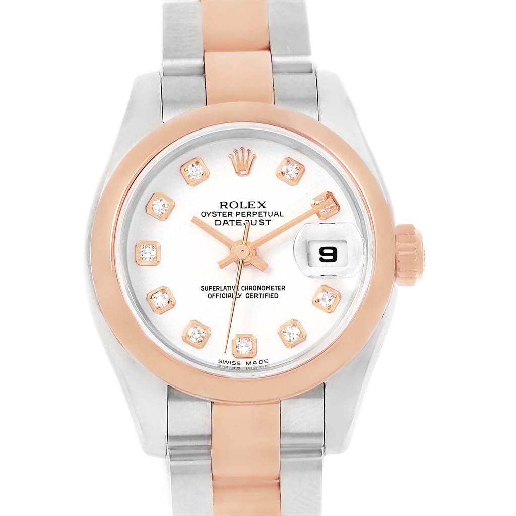 This image shows a front view of a Rolex Datejust 179161 Women's Steel and Gold (two tone) White Dial 179161 Women's Steel and Gold (two tone) White Dial watch, highlighting the dial, bezel, and bracelet.