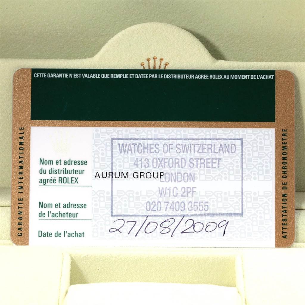 The image shows the warranty card for a Rolex Datejust 179161 Women's Steel and Gold (two tone) White Dial 179161 Women's Steel and Gold (two tone) White Dial, displaying the dealer's information and purchase date.