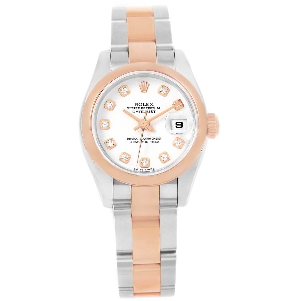 This Rolex Datejust 179161 Women's Steel and Gold (two tone) White Dial 179161 Women's Steel and Gold (two tone) White Dial watch is shown from a front angle, displaying its face, case, and bracelet.